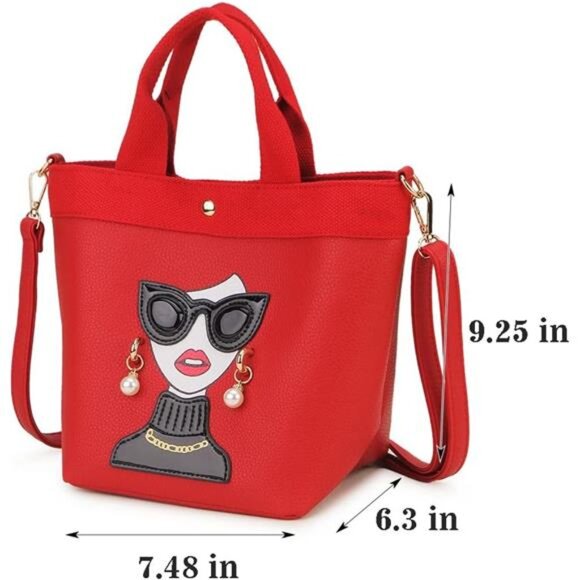 Quirky Lady Face Handbag - PU Leather Satchel, Top Handle Shoulder Bag - Picture 4 of 6